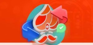 the Jackpot Guru casino logo against an orange background, with one red and one blue arrow circling the logo.