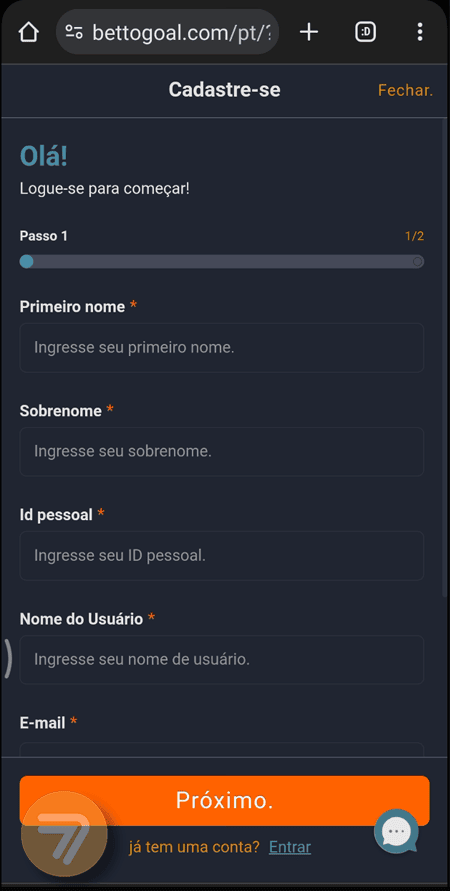 Captura de tela de como se registrar passo 2