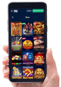 screenshot of bluechip's slots lobby within a hand held android phone