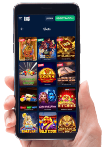 screenshot of bluechip's slots lobby within a hand held android phone