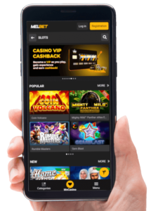 screenshot of melbet's slots lobby within a hand held android phone