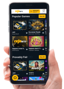 screenshot of rajabets slots lobby within a hand held android phone