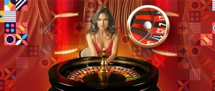 banner image of a roulette table with a female croupier, dressed in a red dress. The background is also red.