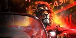 animated image of the Fortune Play mascot, the lion, dressed in a red jacket, sitting in the front of a cabbed down car.
