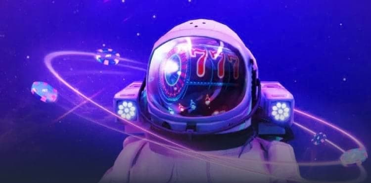 illustrated image of a spacesuit that reflects slot symbols in its helmet against a blue background.
