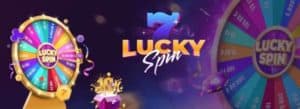 illustrated promotional banner showing two wheel's of fortune and the test "7 Lucky Spin".