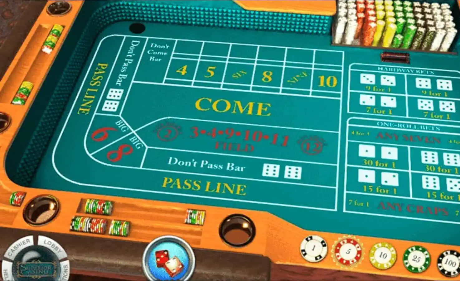 screenshot of a craps table showing betting interface