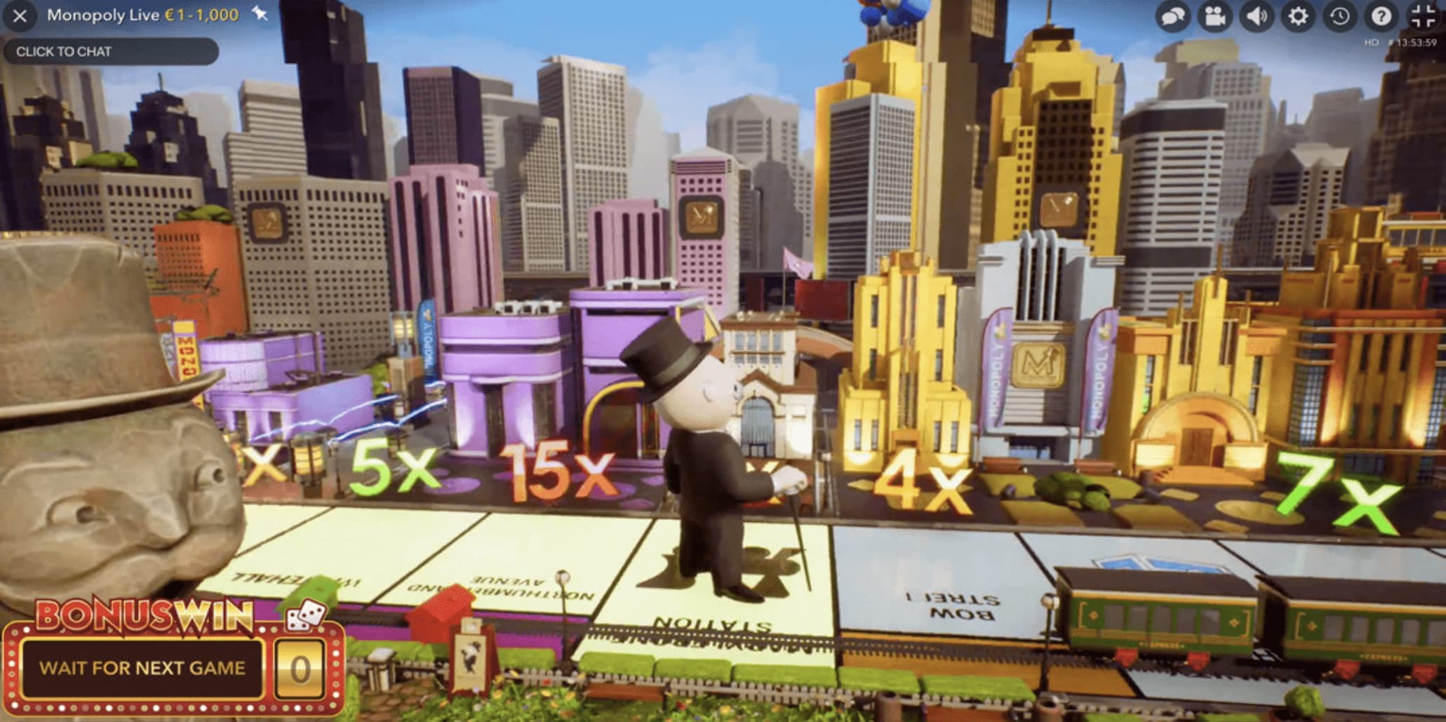 screenshot of the monopoly live bonus game round showing the board game and Mr. Monopoly.