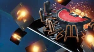 digital image of a casino table and chairs with spotlights around it.