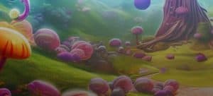 illustrated image of a imaginary forest landscape of various mushrooms.