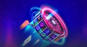 illustration of a futuristic looking roulette wheel with slot reels on the sides in neon color.
