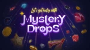 the text "let's get lucky with mystery drops" in a quirky font with a dark purple backdrop of various common slot feature icons.