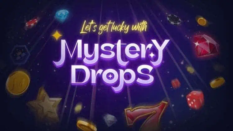 the text "let's get lucky with mystery drops" in a quirky font with a dark purple backdrop of various common slot feature icons.