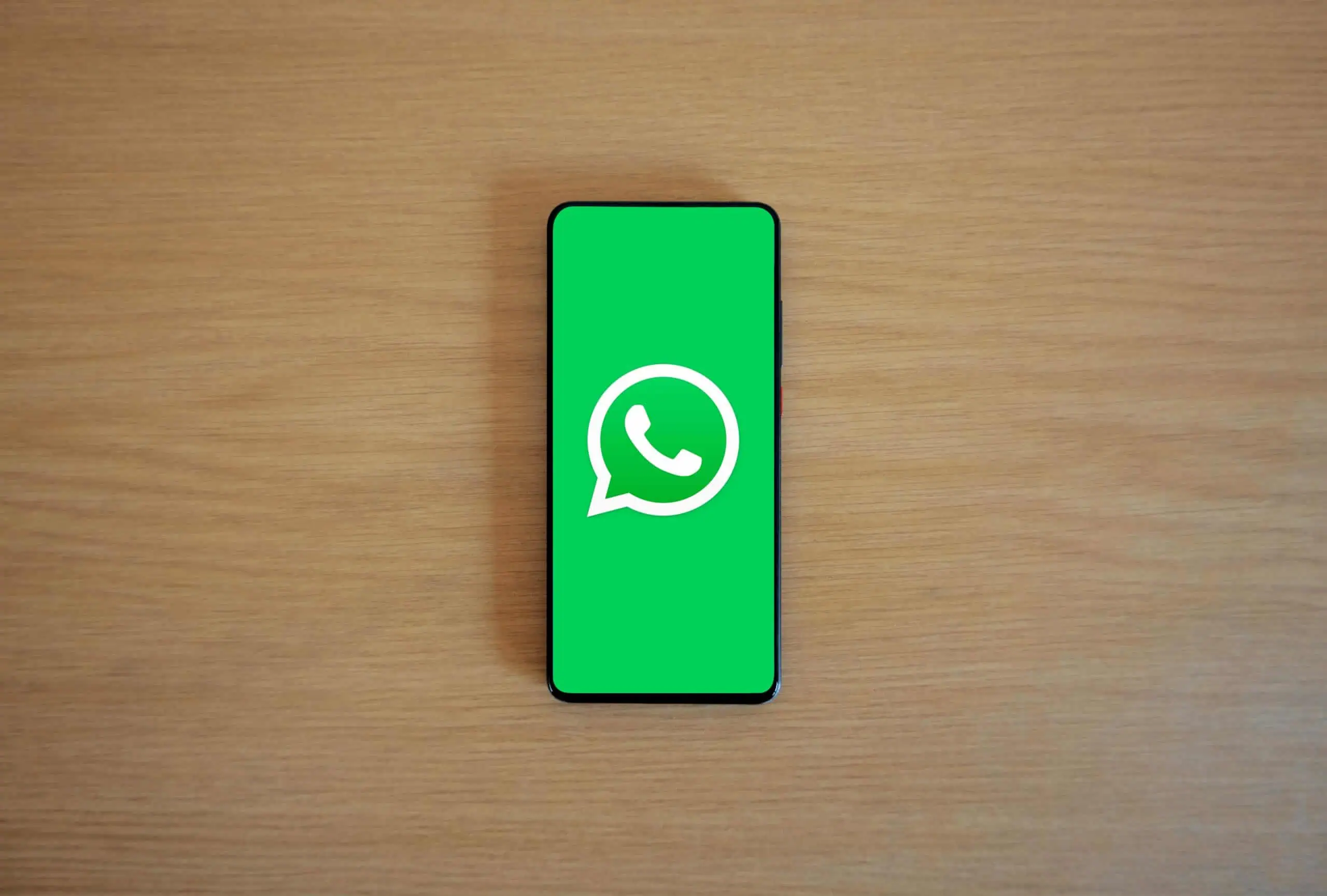 WhatsApp's logo against a green background, which fills up a smartphone screen.