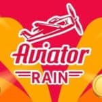 The Aviator game's main character, the red plane, is flying above an "Aviator Rain" inscription surrounded by golden rupee coins.