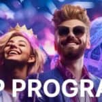 Two happy people smiling, a background of diamond macros, and an inscription reading "VIP program."