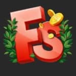 The letter abbreviation “FS” for Free Spins in 3D red with laurels and golden $-marked coins.