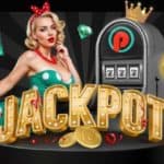 A pin-up lady, a classic Slot machine, a golden sign "Jackpot," and golden coins and diamonds dropping down from above.