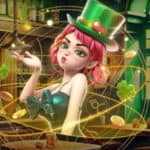 Irish-themed in-game characters and assets from the Clover Quest tournament games, including a green-eyed ginger girl, clover leaves, and golden coins.