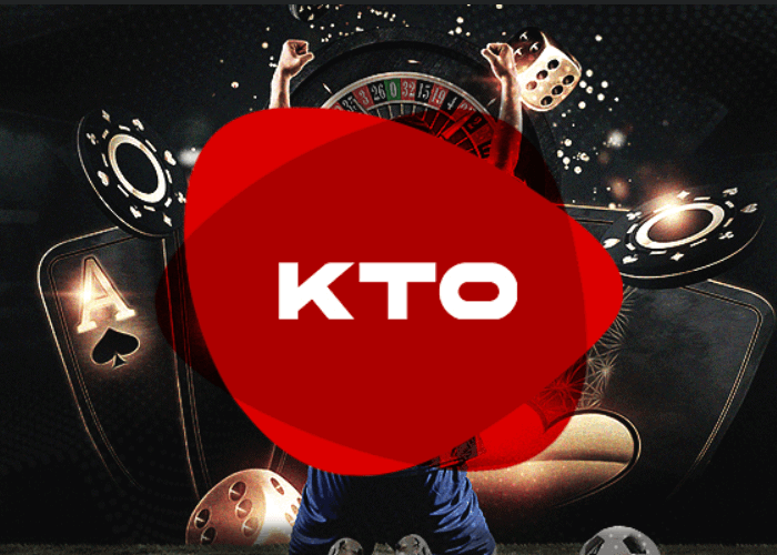 logo do cassino KTO cercada por cartas de baralho, fichas de pôquer, dados e roleta de cassino.