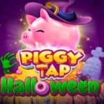 The Piggy Bank in-game character stands over a pile of golden coins and Halloween decorations. Coins, a diamond, and a heart-shaped ruby fly over the spooky background.