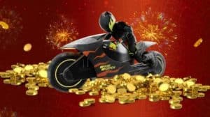 Lakhy the Tiger, Parimatch's Official Brand Hero, riding his black motorbike with the Parimatch logo on top of a pile of golden coins.