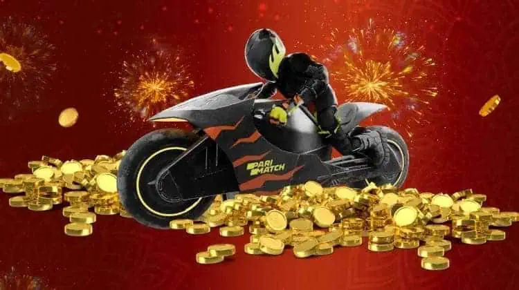 Lakhy the Tiger, Parimatch's Official Brand Hero, riding his black motorbike with the Parimatch logo on top of a pile of golden coins.