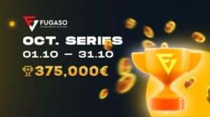 A golden cup bearing the Fugaso logo and flying golden coins. Text saying "Fugaso, Future Gaming Solutions, Oct. Series, 01.10 - 31.10, 375,000€."