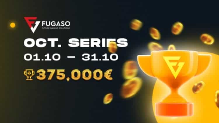 A golden cup bearing the Fugaso logo and flying golden coins. Text saying "Fugaso, Future Gaming Solutions, Oct. Series, 01.10 - 31.10, 375,000€."