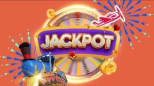 A Jackpot sign over a fast-rotating Money Wheel while the Aviator red plane and a train are speeding away.