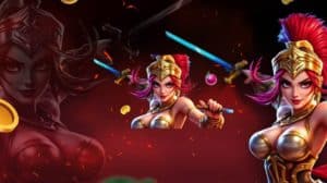 Female warriors in gaming armor and shiny swords, a few golden coins, and a cherry.