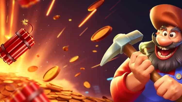 A happy dwarf with a miner's hammer, a pile of gold coins, and a couple of dynamite packs with lighted fuses.