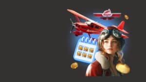 An aviator with pilot goggles stands next to the Aviator in-game plane, the game's logo, and a few golden coins.