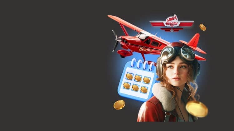 An aviator with pilot goggles stands next to the Aviator in-game plane, the game's logo, and a few golden coins.