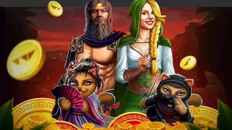 Four in-game characters from the provider's portfolio of games, including two humans and two cats, stand around a few golden chips.