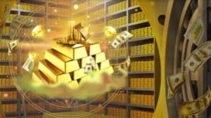 An open bank vault stacked with gold bars. Images of gold bars, banknotes, coins, diamonds, and a crown appear in the foreground.