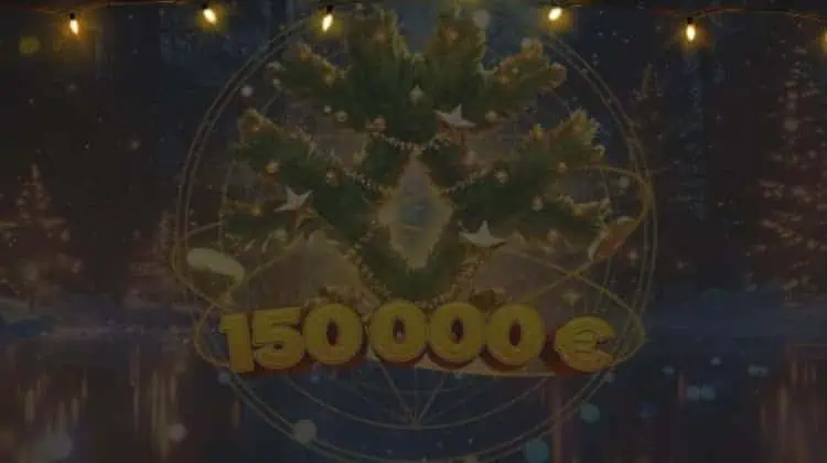 A decorated Christmas tree in a sphere and a sign reading "150 000 €" under holiday lamps at night.