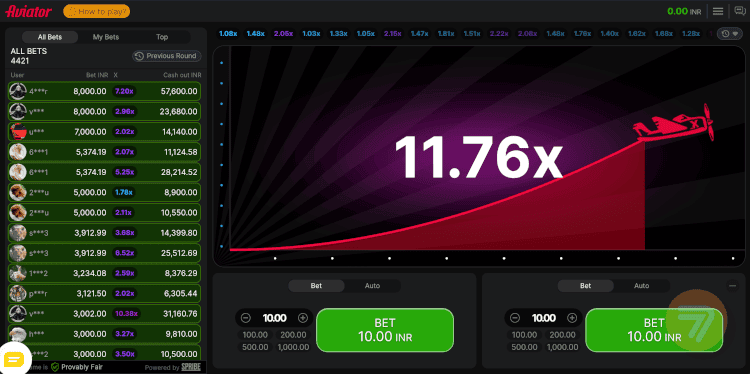 Aviator crash game with a desktop view showing a 11.76x multi.