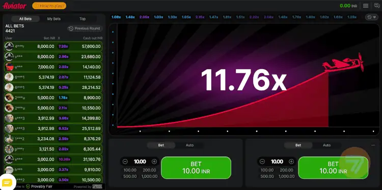 Aviator crash game with a desktop view showing a 11.76x multi.