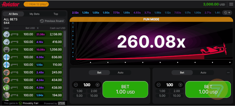 fun mode game of Aviator showing a 260.08x potential payout.