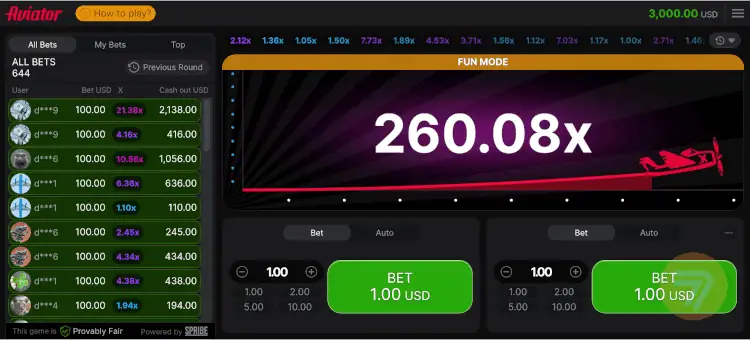 fun mode game of Aviator showing a 260.08x potential payout.