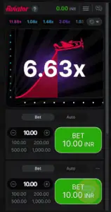 aviator game on mobile showing 6.63x multiplier.