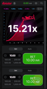 aviator game on mobile showing 15.21x multiplier.