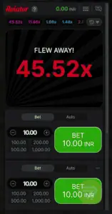 aviator game on mobile showing the aerocraft flying away at 45.52x multiplier.